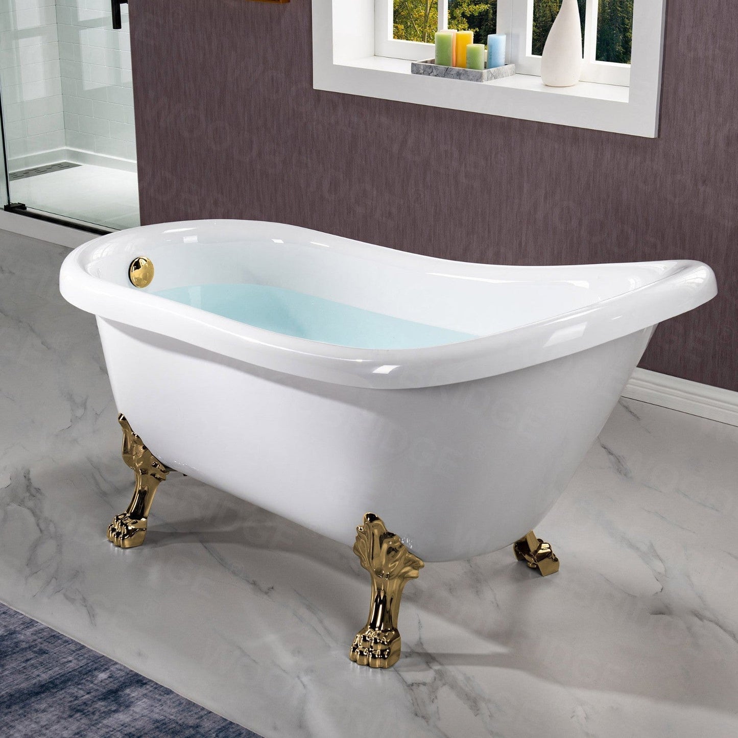 WoodBridge 59" White Acrylic Slipper Clawfoot Bath Tub With Polished Gold Feet, Drain, Overflow, F-0019PG F-0019PG Tub Filler and Caddy Tray