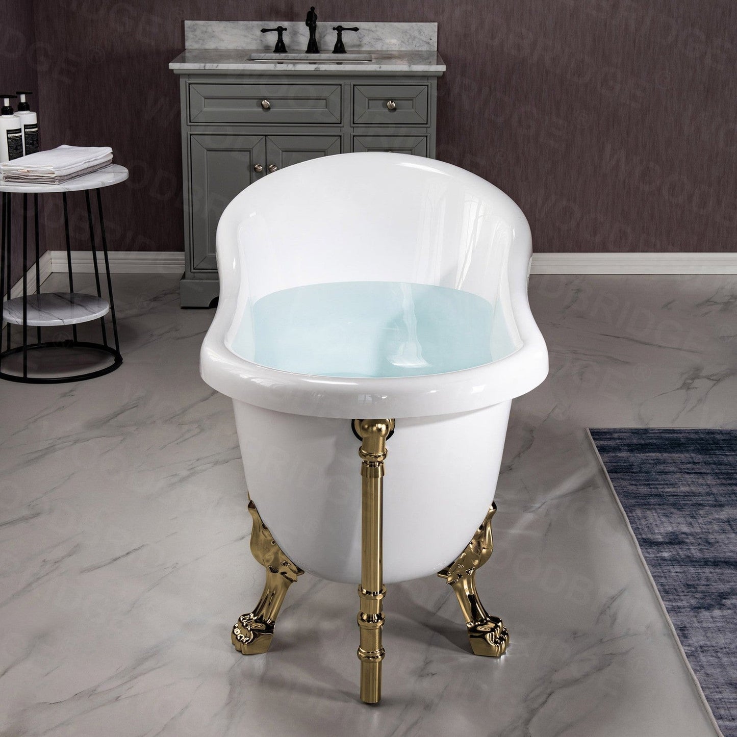 WoodBridge 59" White Acrylic Slipper Clawfoot Bath Tub With Polished Gold Feet, Drain, Overflow, F-0019PG F-0019PG Tub Filler and Caddy Tray