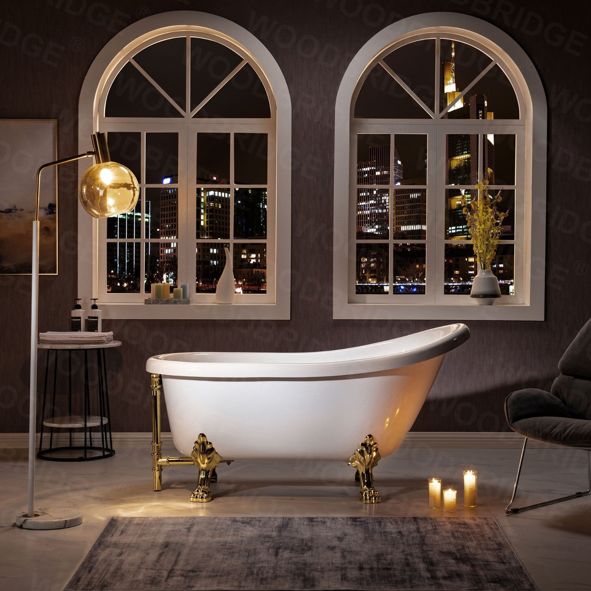 WoodBridge 59" White Acrylic Slipper Clawfoot Bath Tub With Polished Gold Feet, Drain and Overflow