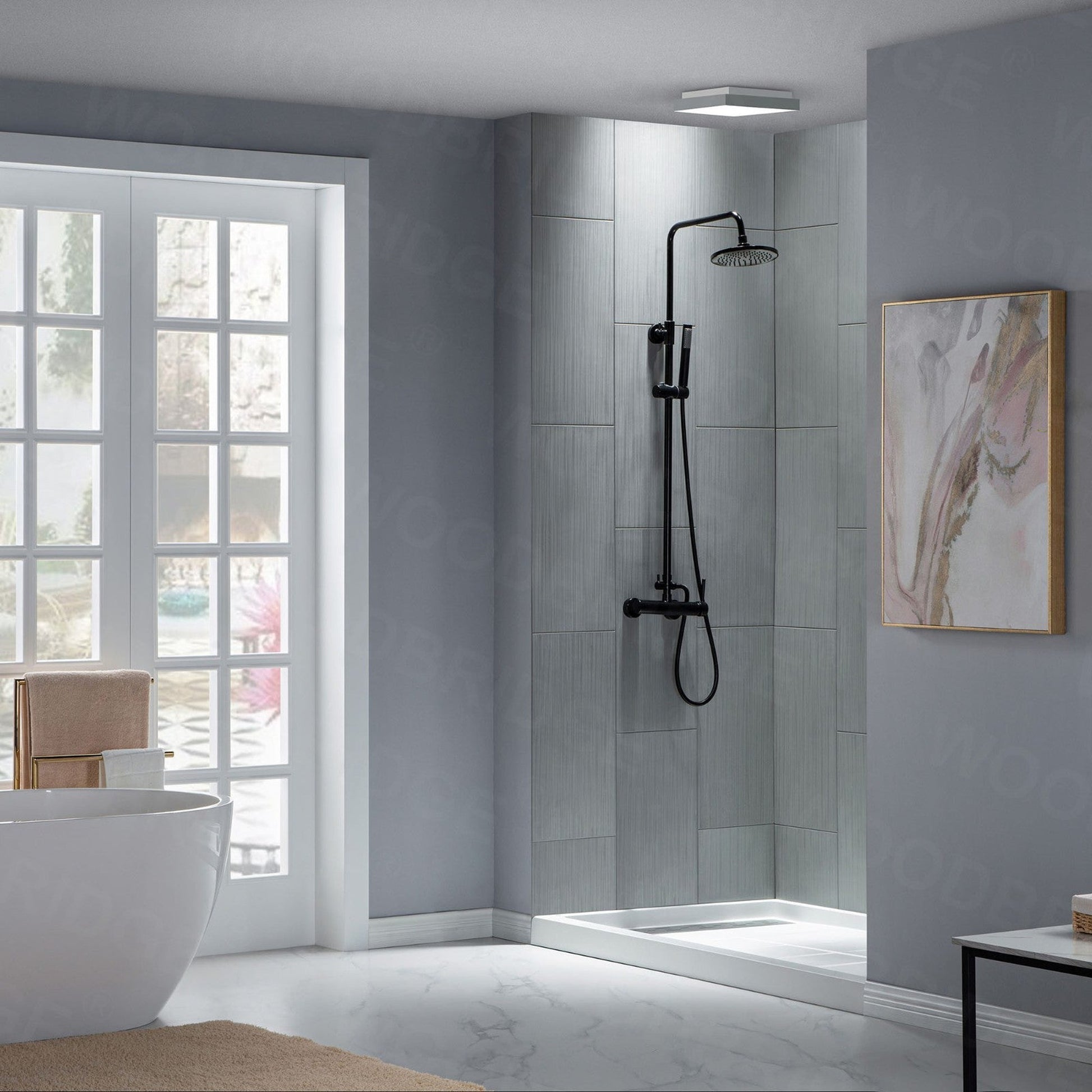 WoodBridge 60" W x 32" L 96" H Matte Gray Finish Solid Surface Staggered Vertical Pattern 3-Panel Shower Wall Kit