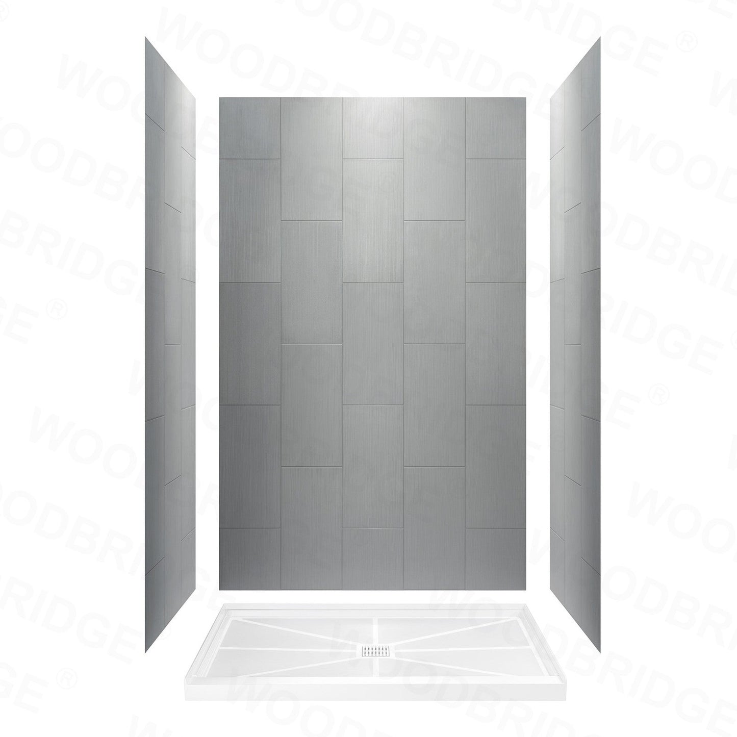 WoodBridge 60" W x 32" L 96" H Matte Gray Finish Solid Surface Staggered Vertical Pattern 3-Panel Shower Wall Kit
