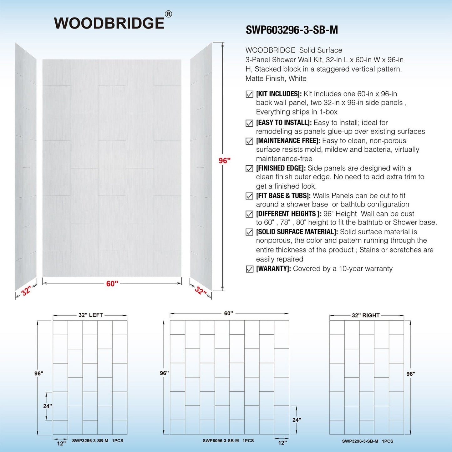 WoodBridge 60" W x 32" L 96" H Matte White Finish Solid Surface Staggered Vertical Pattern 3-Panel Shower Wall Kit