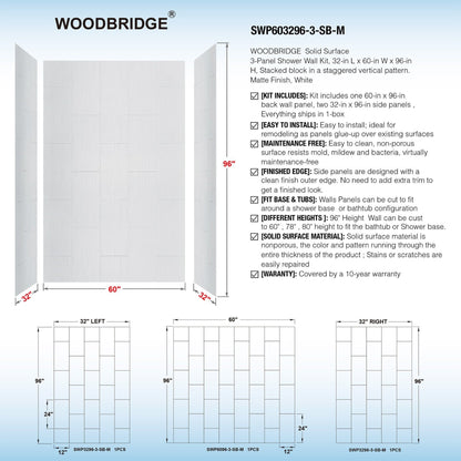 WoodBridge 60" W x 32" L 96" H Matte White Finish Solid Surface Staggered Vertical Pattern 3-Panel Shower Wall Kit