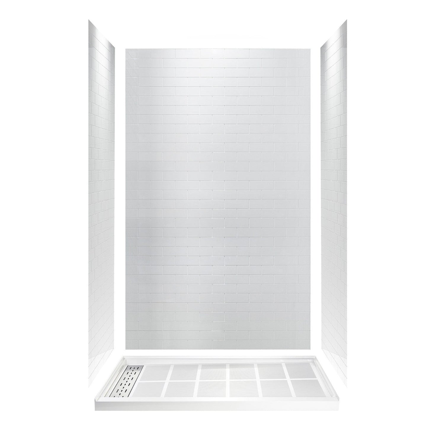 WoodBridge 60" W x 32" L 96" H White High Gloss Solid Surface Staggered Brick Pattern 3-Panel Shower Wall Kit