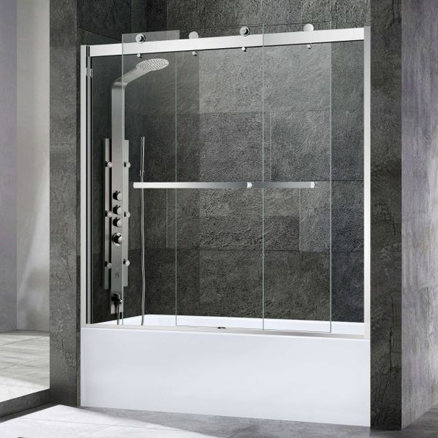 WoodBridge 60" W x 62" H Clear Tempered Glass 2-Way Opening and Double Sliding Frameless Shower Door With Brushed Nickel Hardware Finish