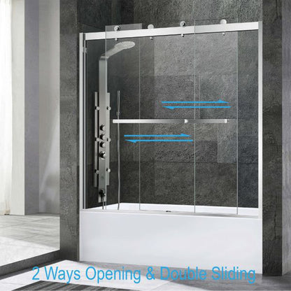 WoodBridge 60" W x 62" H Clear Tempered Glass 2-Way Opening and Double Sliding Frameless Shower Door With Brushed Nickel Hardware Finish