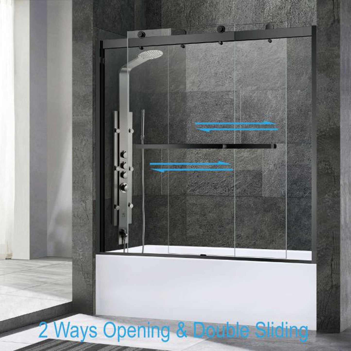 WoodBridge 60" W x 62" H Clear Tempered Glass 2-Way Opening and Double Sliding Frameless Shower Door With Matte Black Hardware Finish