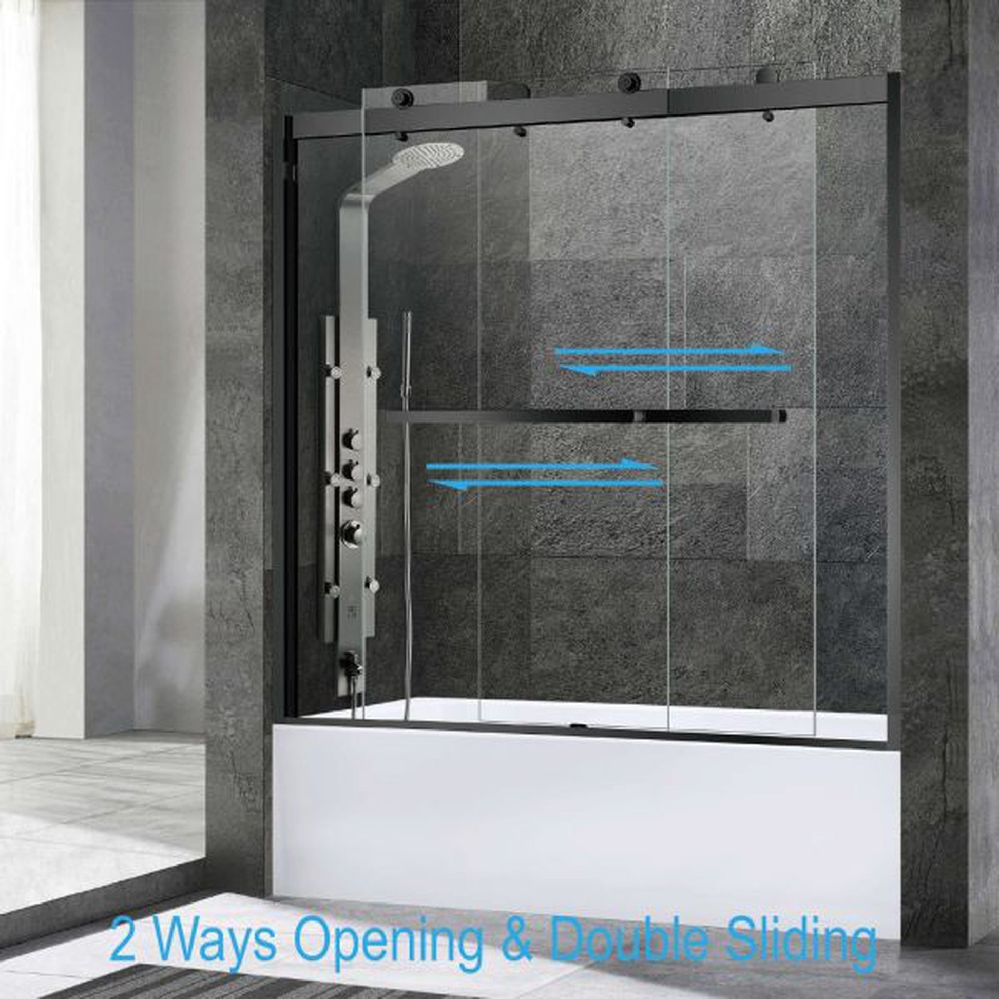 WoodBridge 60" W x 62" H Clear Tempered Glass 2-Way Opening and Double Sliding Frameless Shower Door With Matte Black Hardware Finish