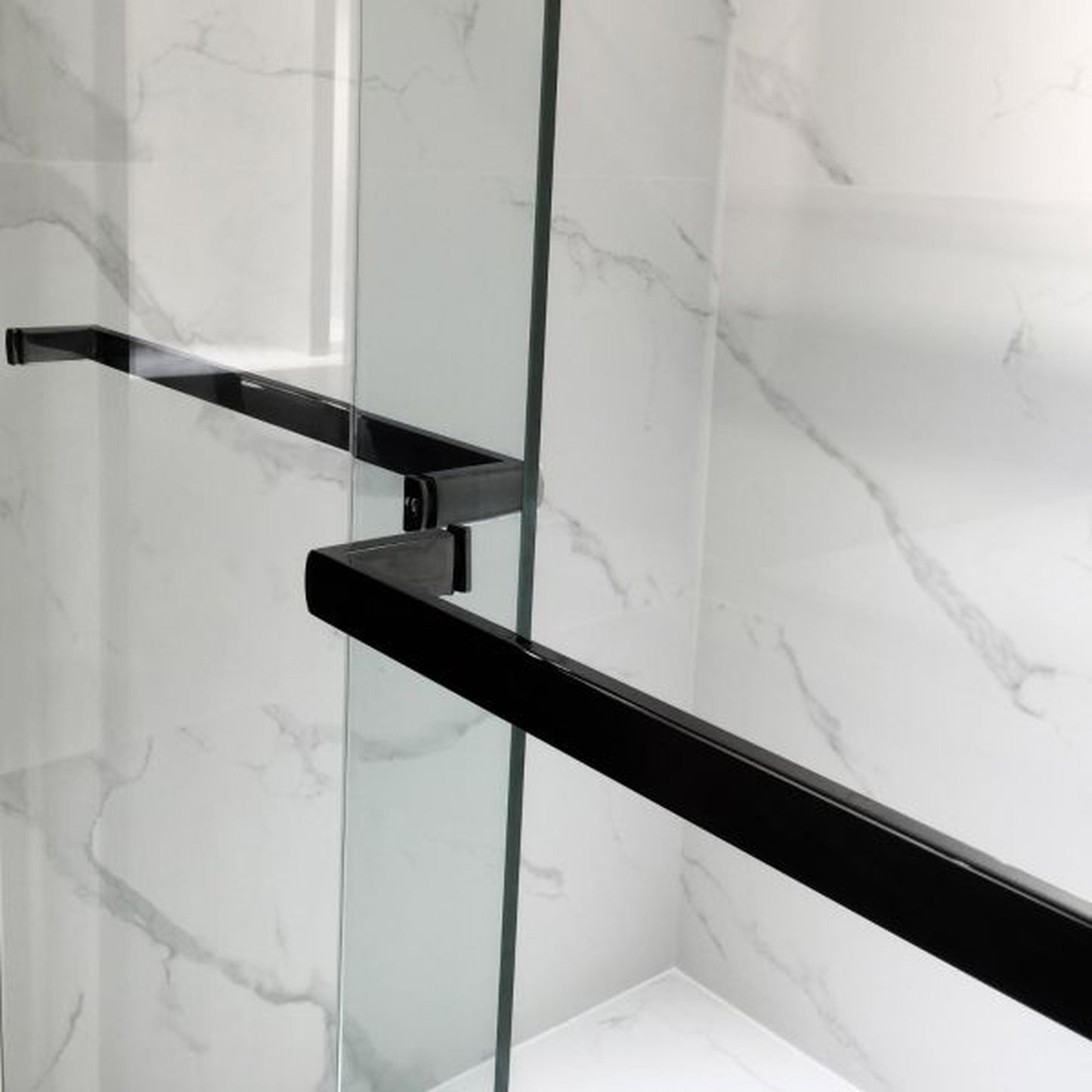 WoodBridge 60" W x 62" H Clear Tempered Glass 2-Way Opening and Double Sliding Frameless Shower Door With Matte Black Hardware Finish