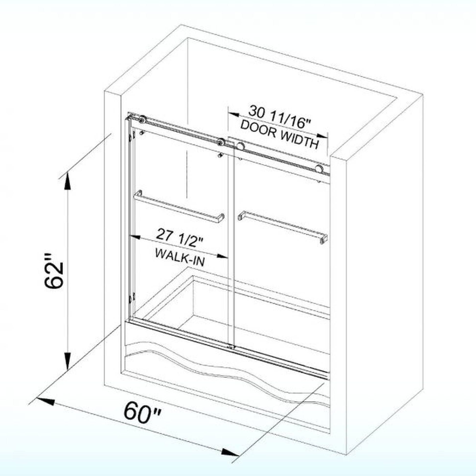 WoodBridge 60" W x 62" H Clear Tempered Glass 2-Way Opening and Double Sliding Frameless Shower Door With Matte Black Hardware Finish