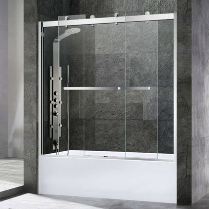 WoodBridge 60" W x 62" H Clear Tempered Glass 2-Way Opening and Double Sliding Frameless Shower Door With Polished Chrome Hardware Finish