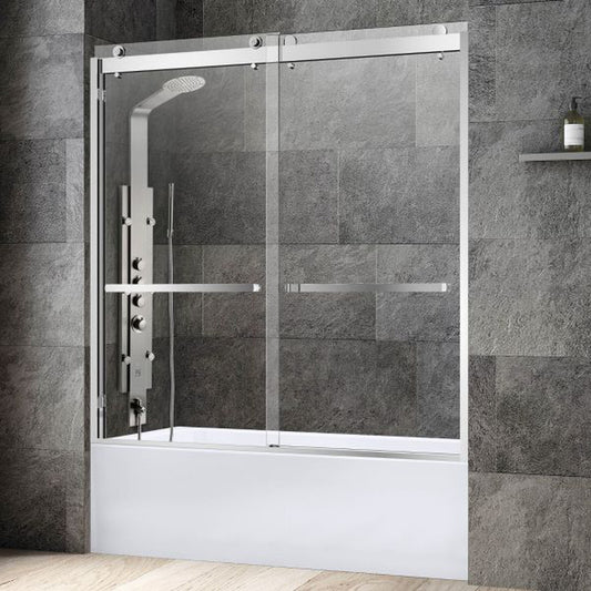 WoodBridge 60" W x 62" H Clear Tempered Glass 2-Way Opening and Double Sliding Frameless Shower Door With Polished Chrome Hardware Finish