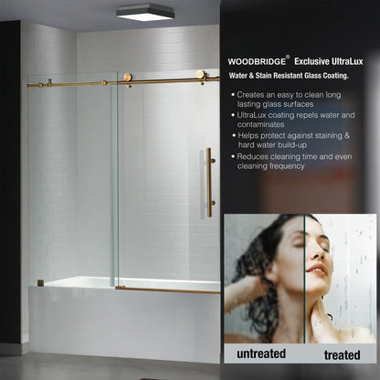 WoodBridge 60" W x 62" H Clear Tempered Glass Frameless Shower Door With Brushed Gold Hardware Finish