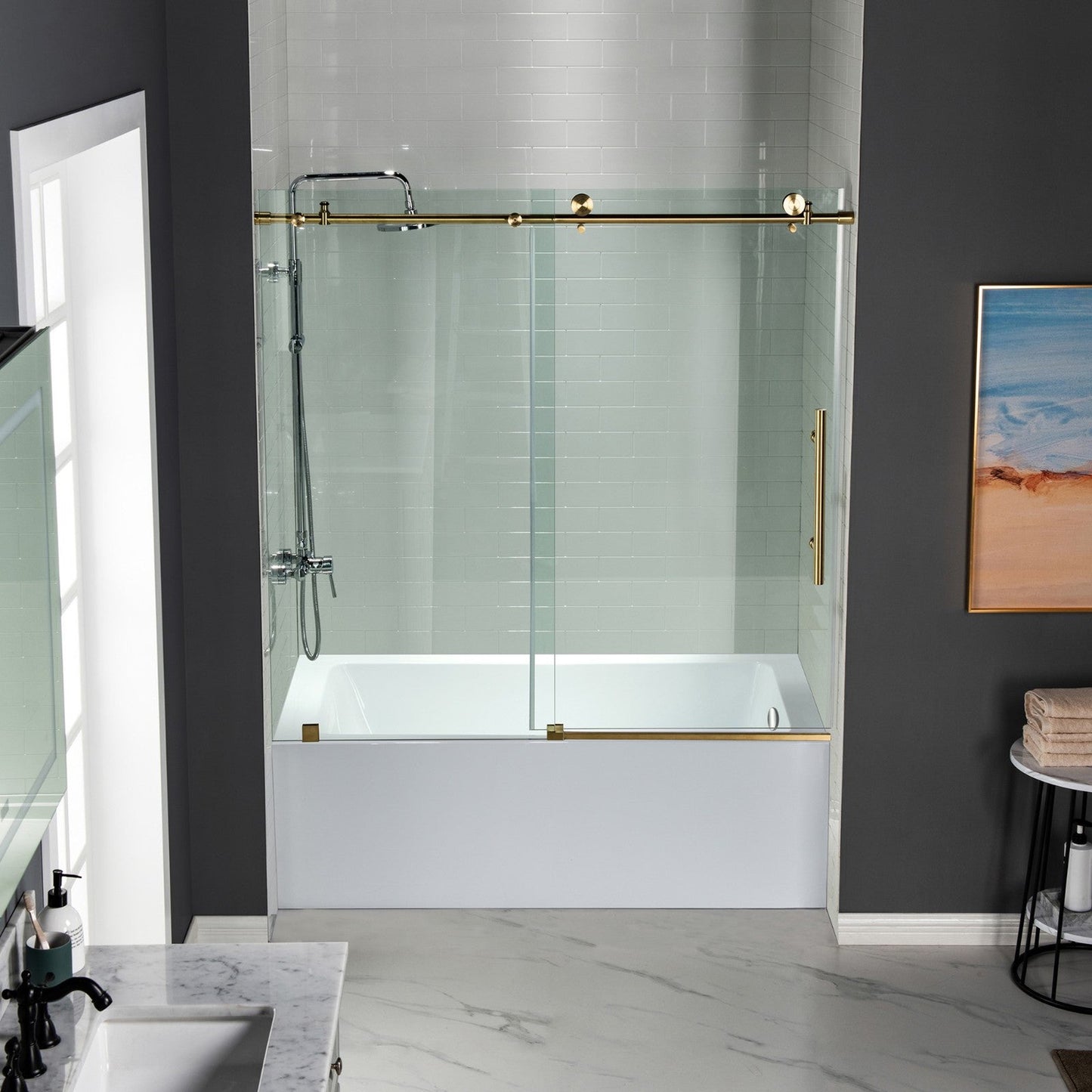WoodBridge 60" W x 62" H Clear Tempered Glass Frameless Shower Door With Brushed Gold Hardware Finish