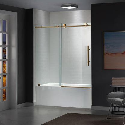 WoodBridge 60" W x 62" H Clear Tempered Glass Frameless Shower Door With Brushed Gold Hardware Finish