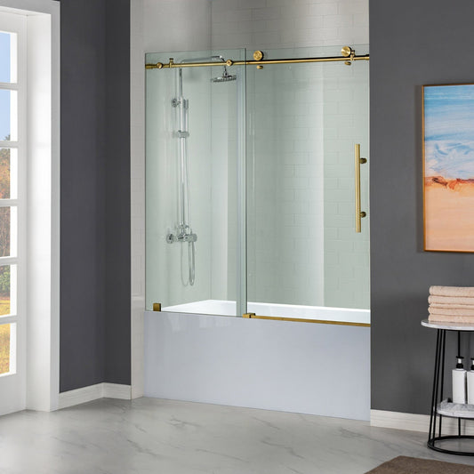 WoodBridge 60" W x 62" H Clear Tempered Glass Frameless Shower Door With Brushed Gold Hardware Finish