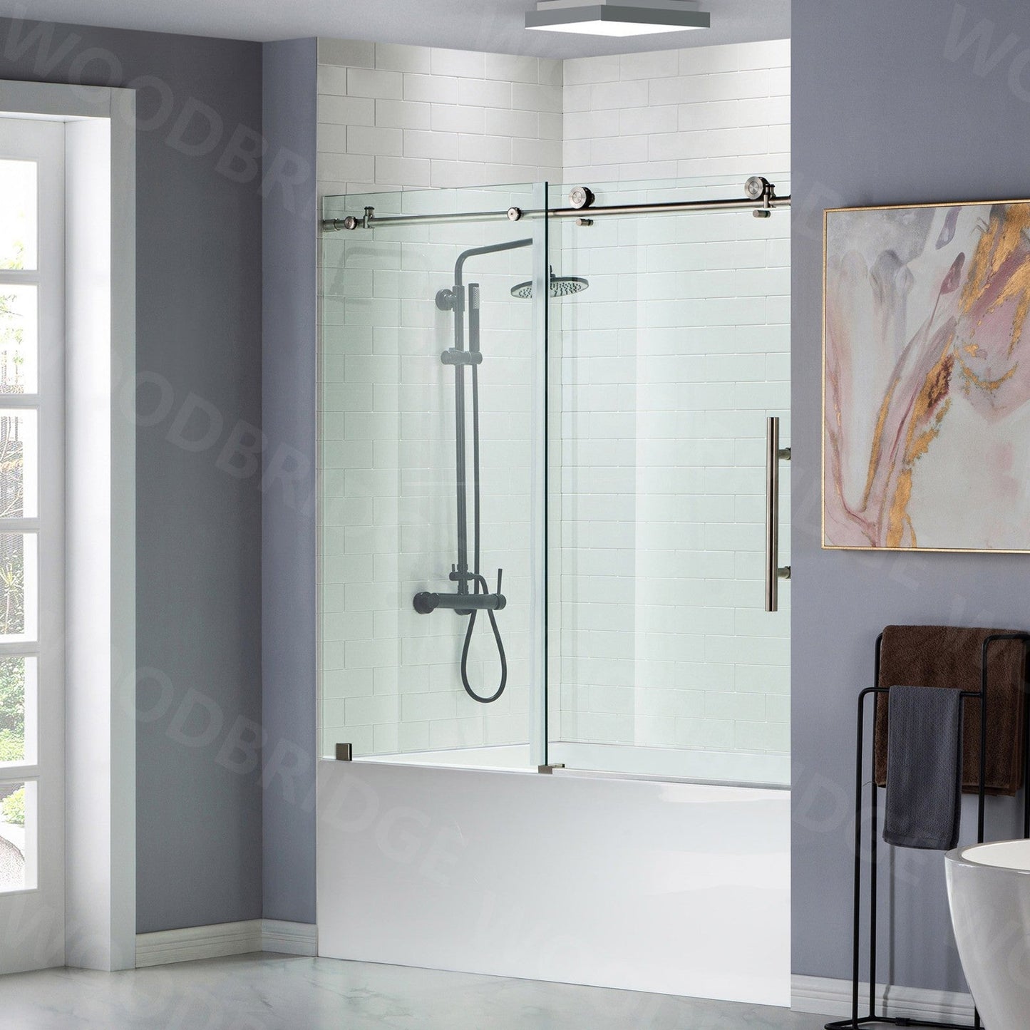 WoodBridge 60" W x 62" H Clear Tempered Glass Frameless Shower Door With Brushed Nickel Hardware Finish