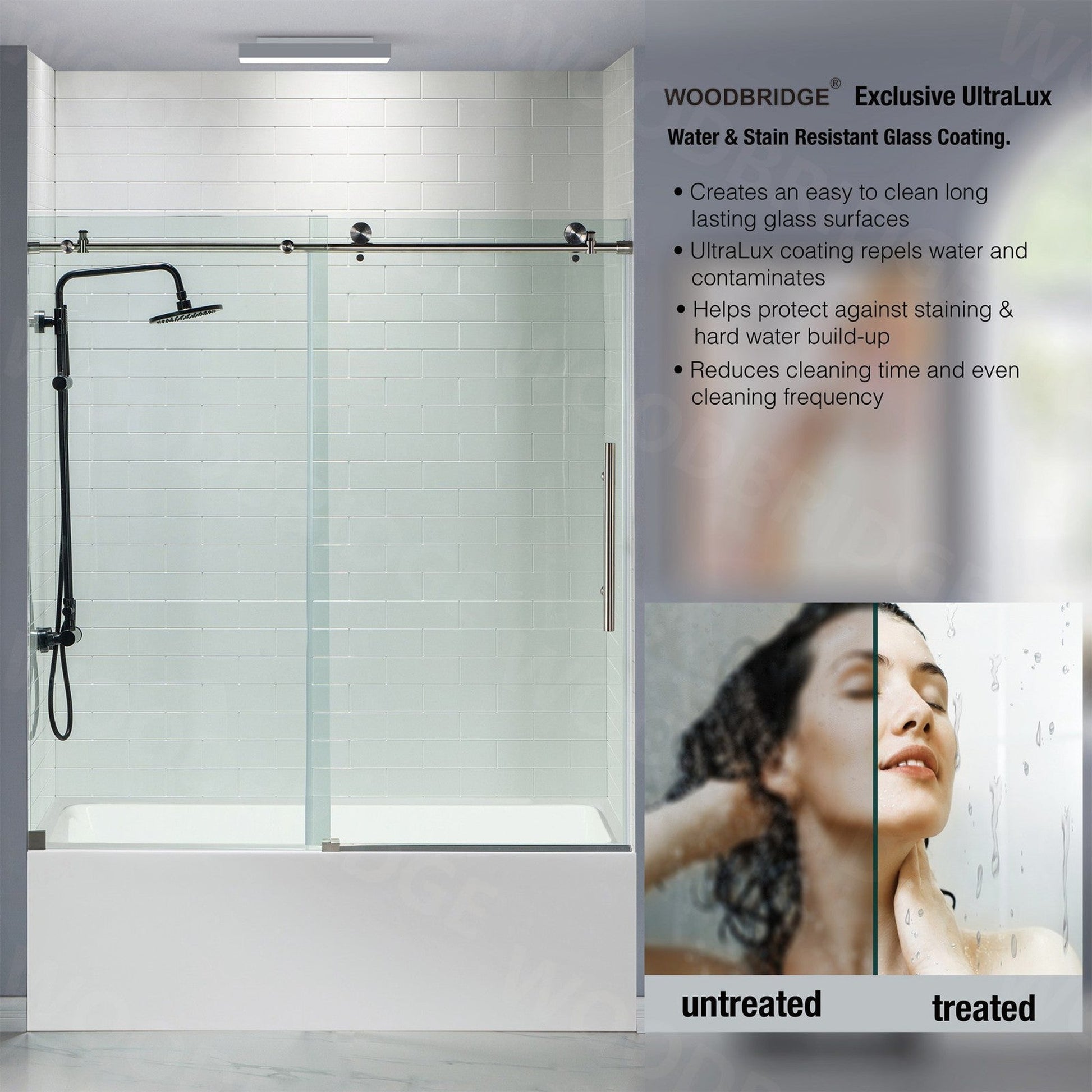 WoodBridge 60" W x 62" H Clear Tempered Glass Frameless Shower Door With Brushed Nickel Hardware Finish