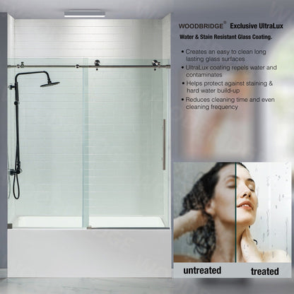 WoodBridge 60" W x 62" H Clear Tempered Glass Frameless Shower Door With Brushed Nickel Hardware Finish