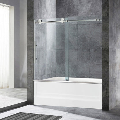 WoodBridge 60" W x 62" H Clear Tempered Glass Frameless Shower Door With Brushed Nickel Hardware Finish