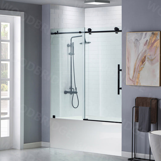 WoodBridge 60" W x 62" H Clear Tempered Glass Frameless Shower Door With Matte Black Hardware Finish