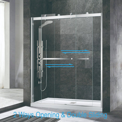 WoodBridge 60" W x 76" H Clear Tempered Glass 2-Way Opening and Double Sliding Frameless Shower Door With Brushed Nickel Hardware Finish