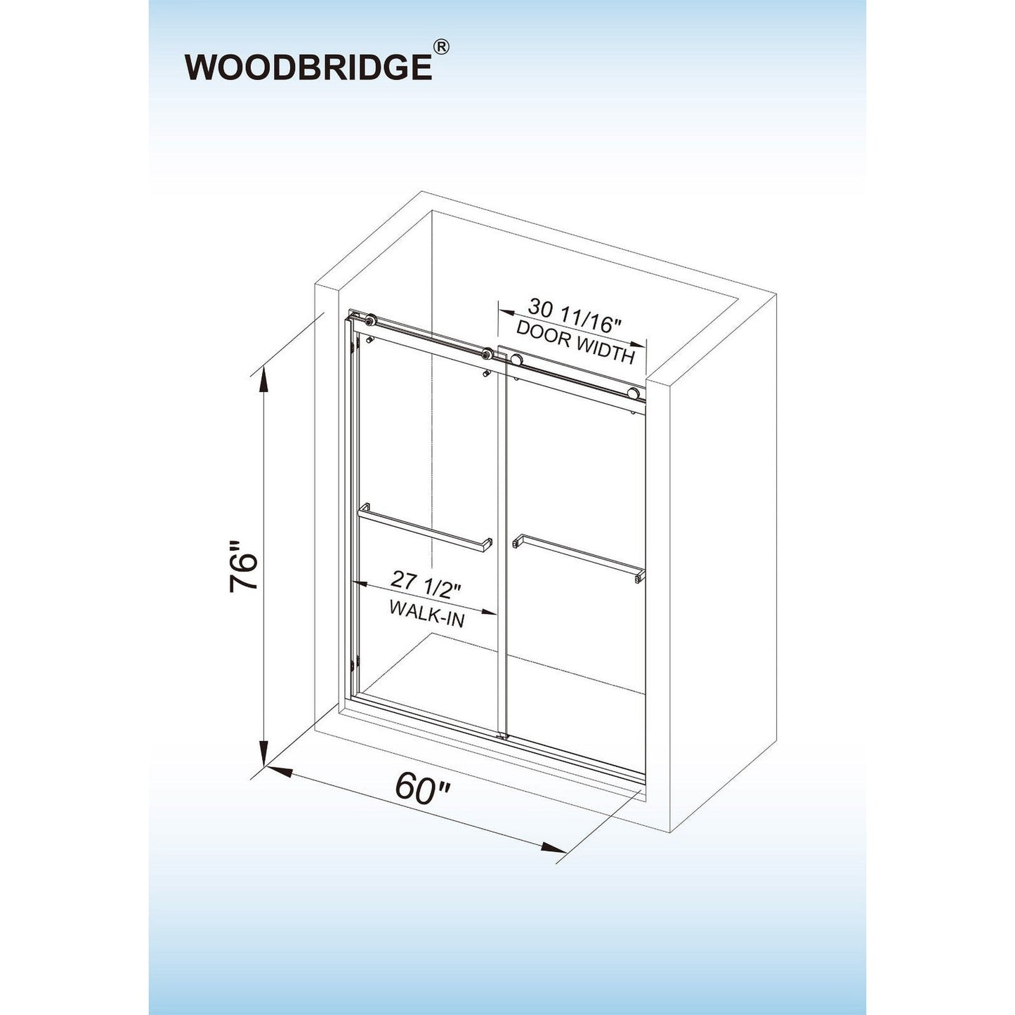 WoodBridge 60" W x 76" H Clear Tempered Glass 2-Way Opening and Double Sliding Frameless Shower Door With Brushed Nickel Hardware Finish