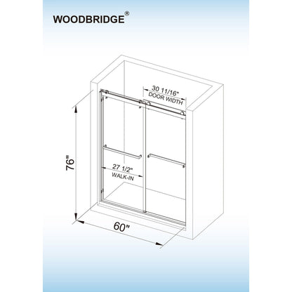 WoodBridge 60" W x 76" H Clear Tempered Glass 2-Way Opening and Double Sliding Frameless Shower Door With Brushed Nickel Hardware Finish