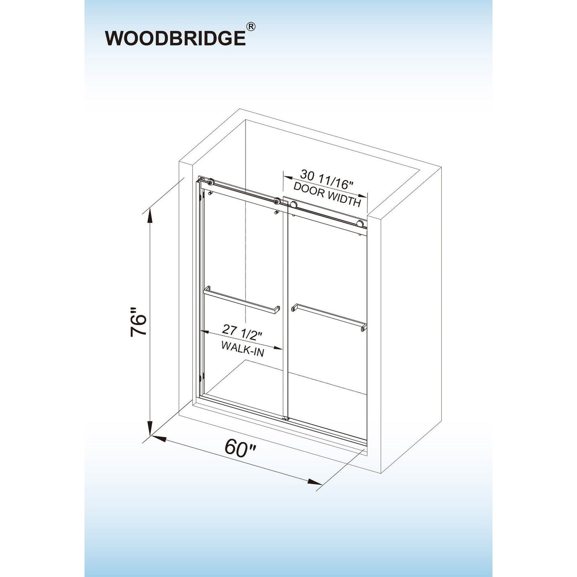 WoodBridge 60" W x 76" H Clear Tempered Glass 2-Way Opening and Double Sliding Frameless Shower Door With Matte Black Hardware Finish