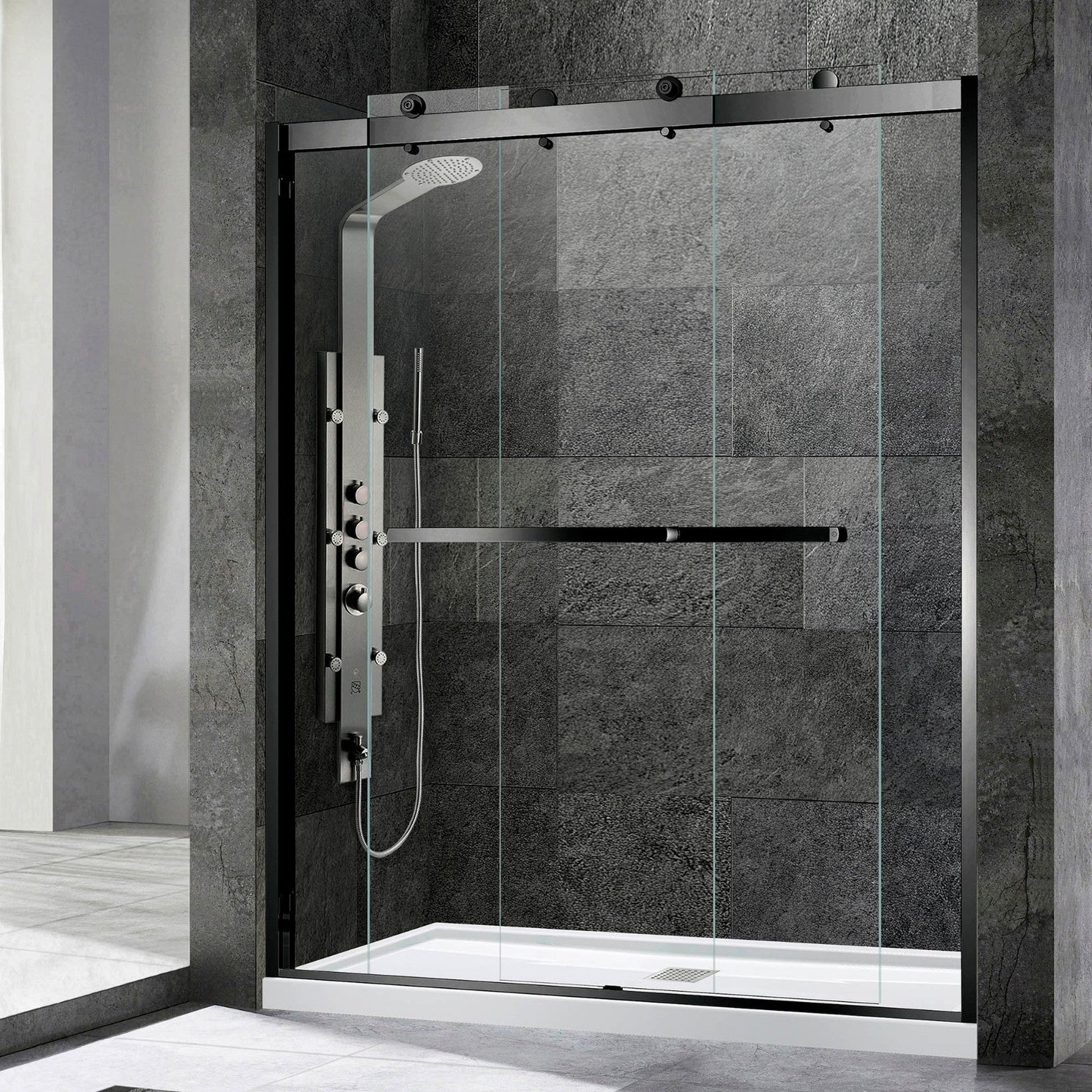 WoodBridge 60" W x 76" H Clear Tempered Glass 2-Way Opening and Double Sliding Frameless Shower Door With Matte Black Hardware Finish
