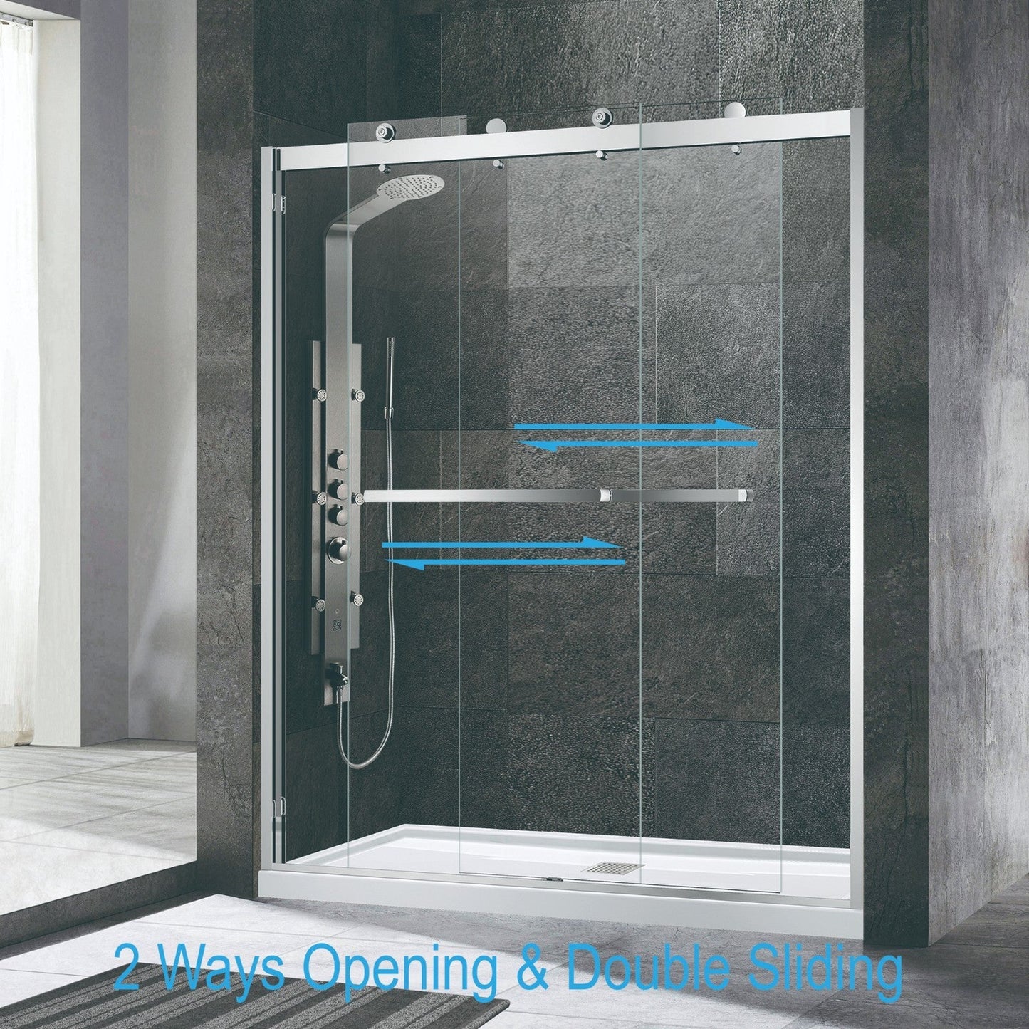 WoodBridge 60" W x 76" H Clear Tempered Glass 2-Way Opening and Double Sliding Frameless Shower Door With Polished Chrome Hardware Finish