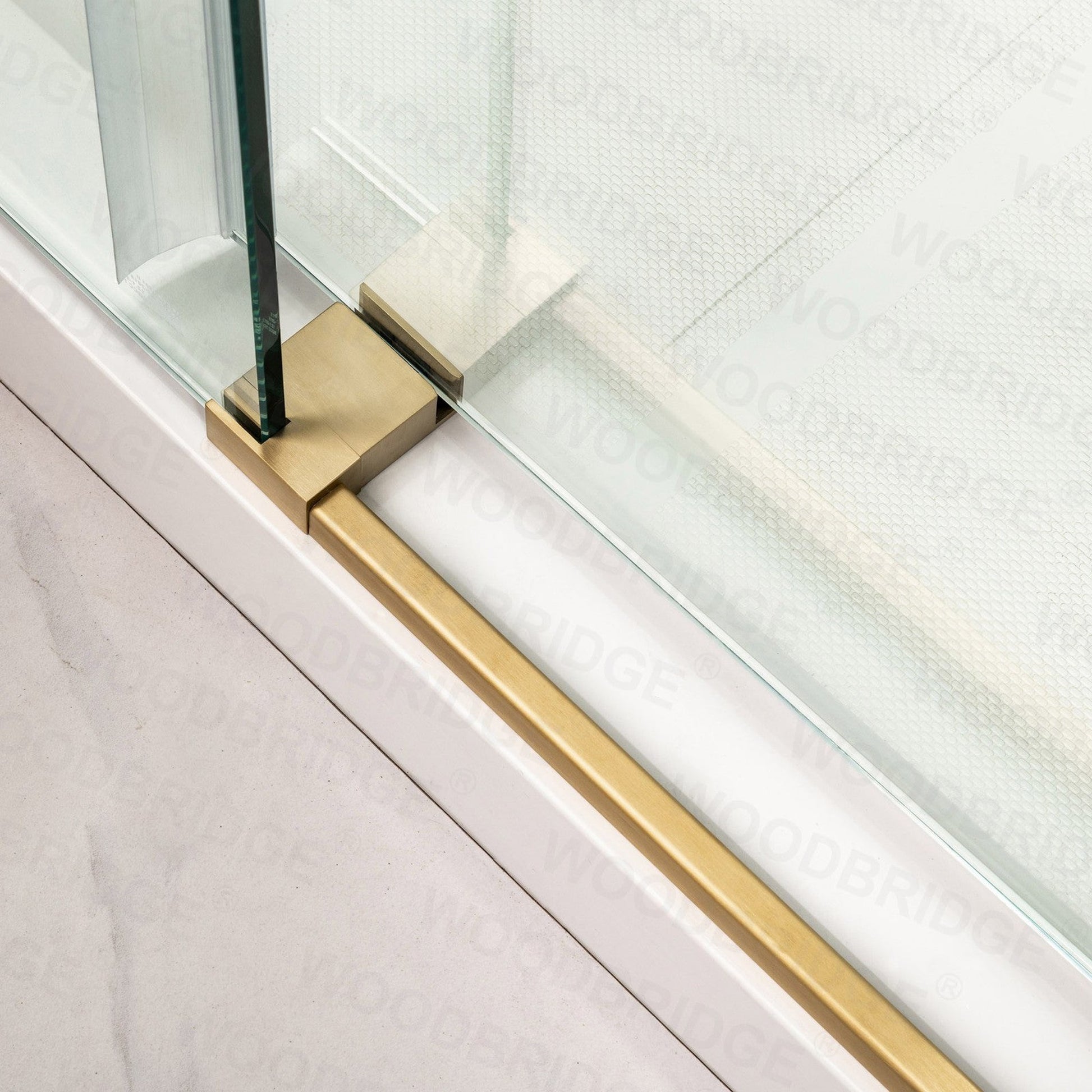 WoodBridge 60" W x 76" H Clear Tempered Glass Frameless Shower Door With Brushed Gold Hardware Finish