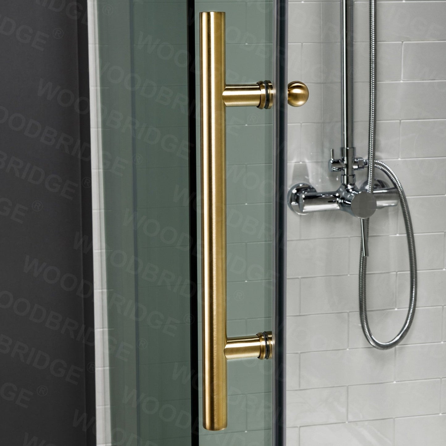WoodBridge 60" W x 76" H Clear Tempered Glass Frameless Shower Door With Brushed Gold Hardware Finish