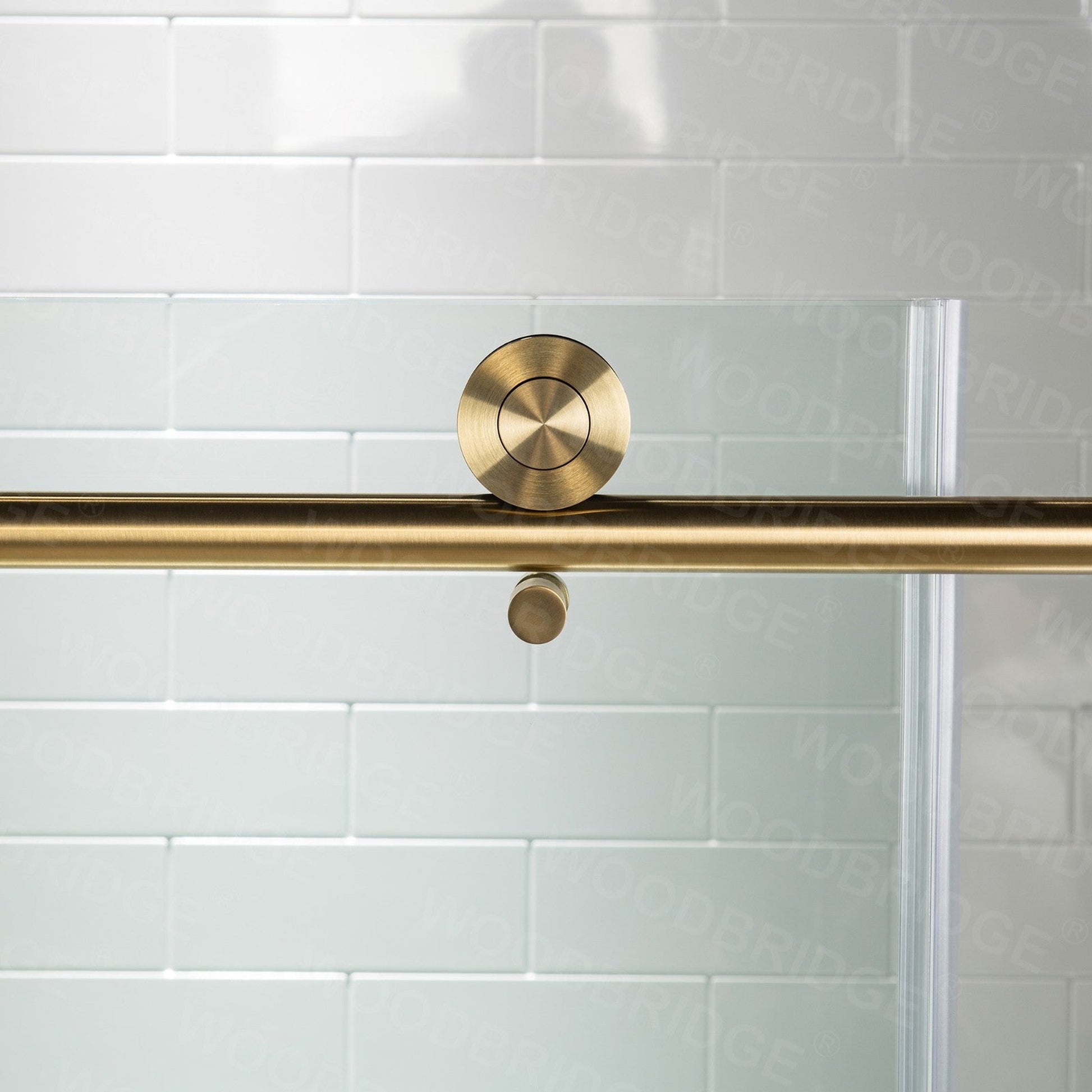 WoodBridge 60" W x 76" H Clear Tempered Glass Frameless Shower Door With Brushed Gold Hardware Finish