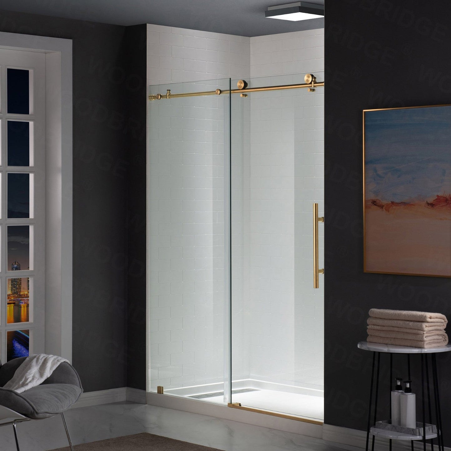 WoodBridge 60" W x 76" H Clear Tempered Glass Frameless Shower Door With Brushed Gold Hardware Finish