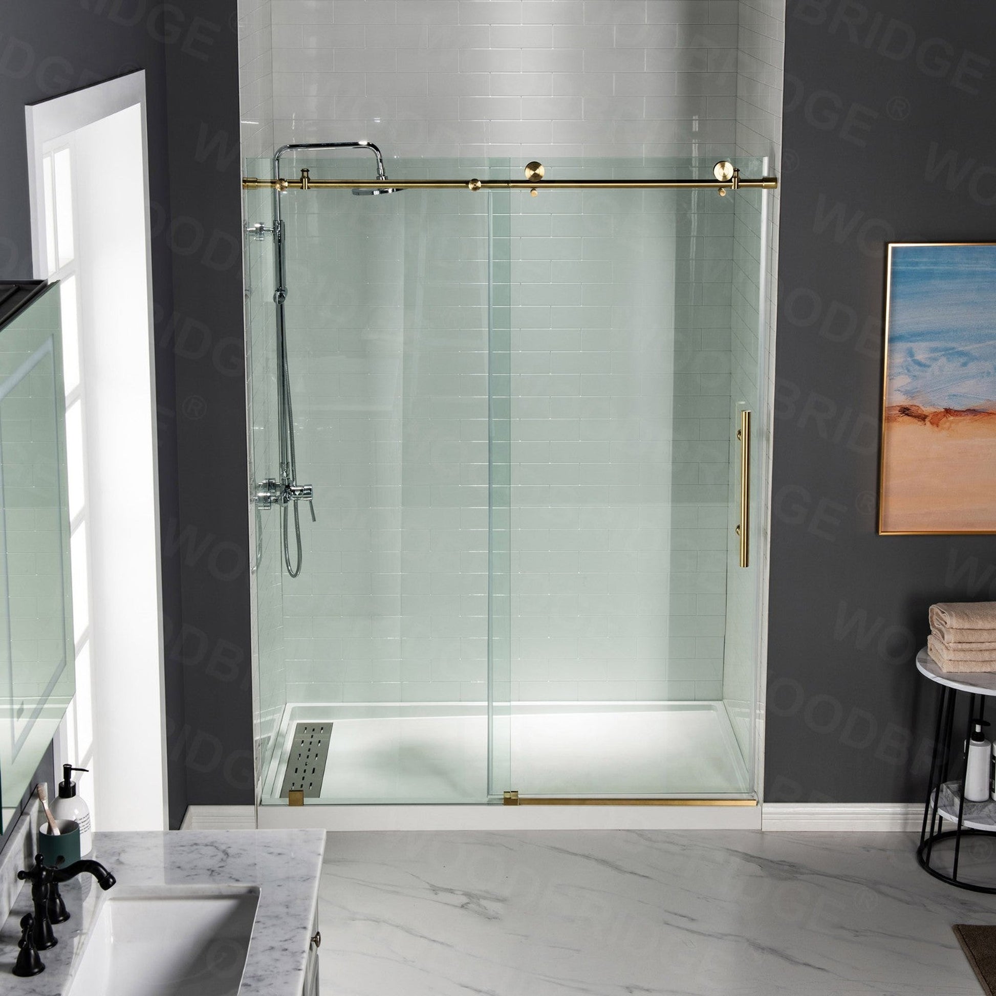 WoodBridge 60" W x 76" H Clear Tempered Glass Frameless Shower Door With Brushed Gold Hardware Finish