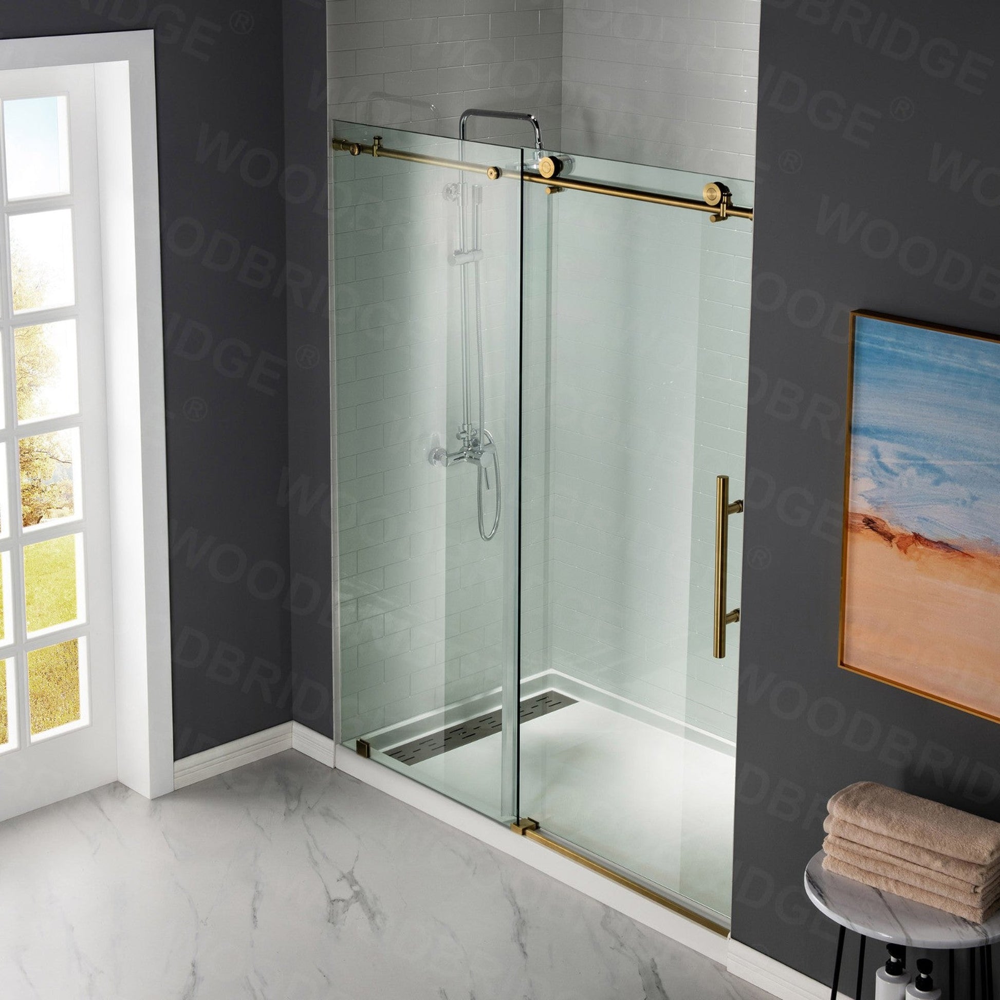 WoodBridge 60" W x 76" H Clear Tempered Glass Frameless Shower Door With Brushed Gold Hardware Finish