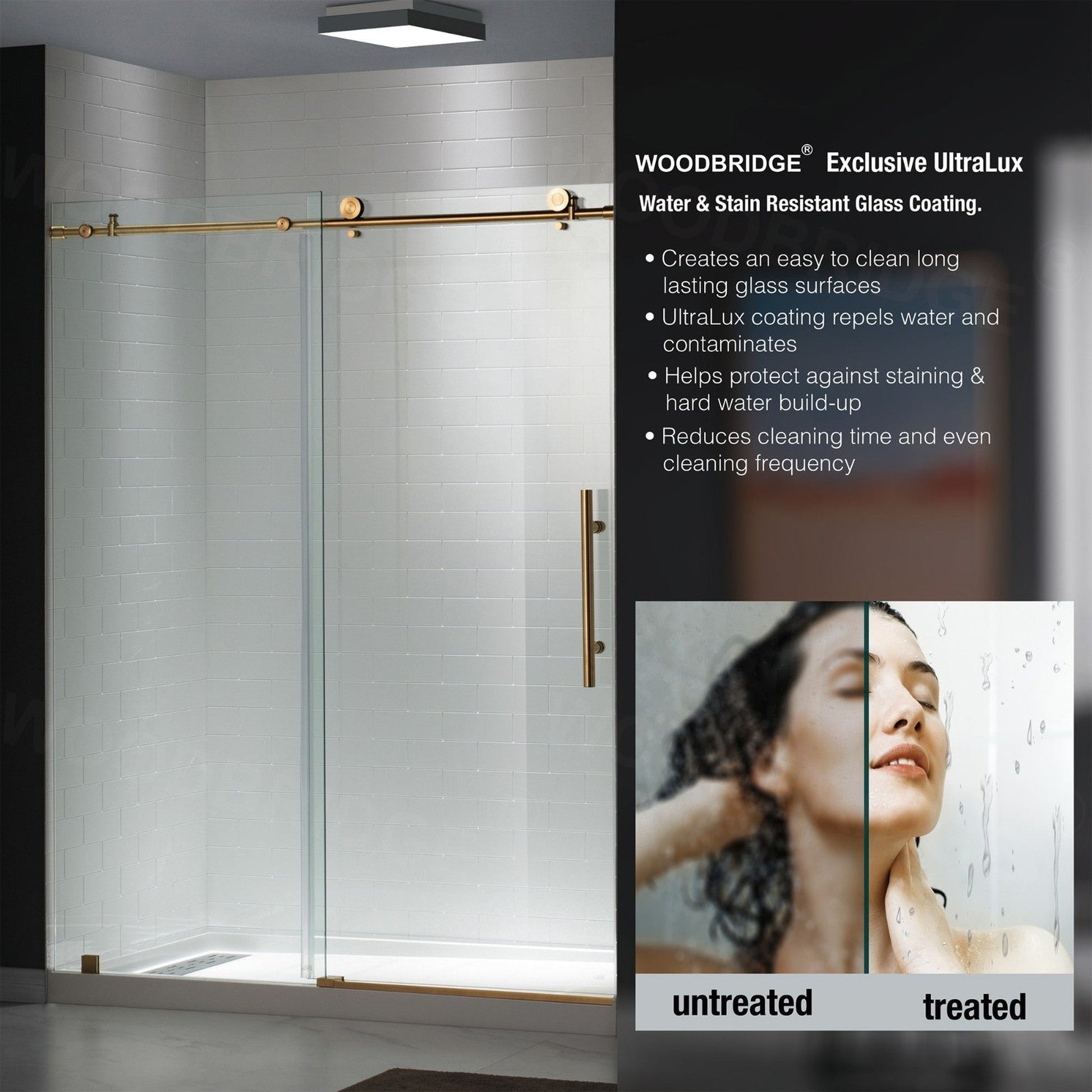 WoodBridge 60" W x 76" H Clear Tempered Glass Frameless Shower Door With Brushed Gold Hardware Finish