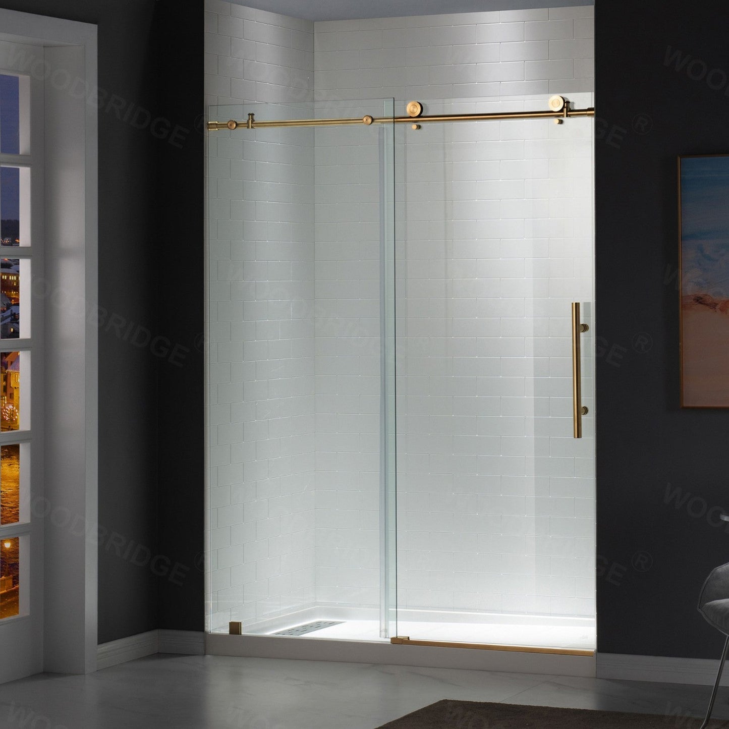 WoodBridge 60" W x 76" H Clear Tempered Glass Frameless Shower Door With Brushed Gold Hardware Finish