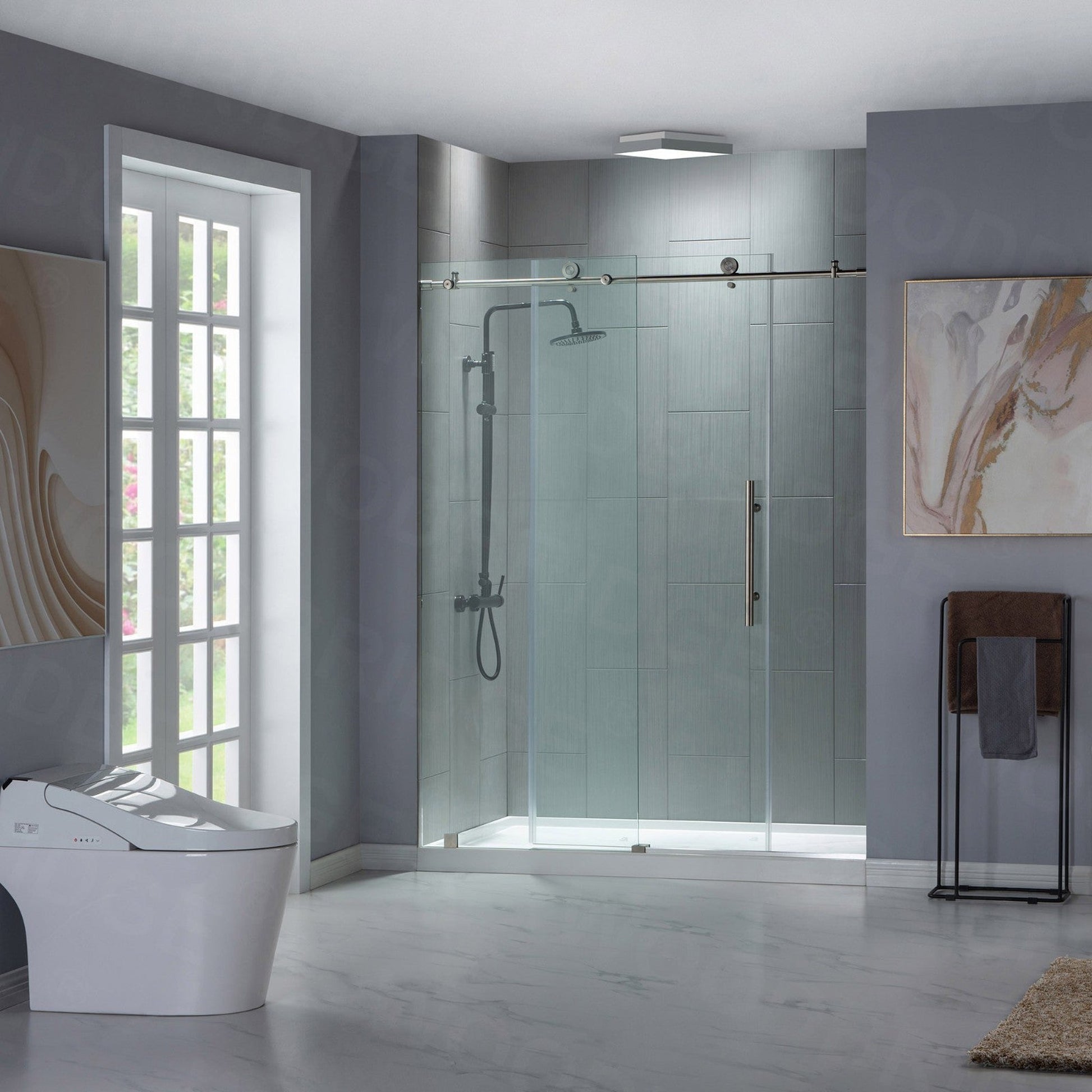 WoodBridge 60" W x 76" H Clear Tempered Glass Frameless Shower Door With Brushed Nickel Hardware Finish