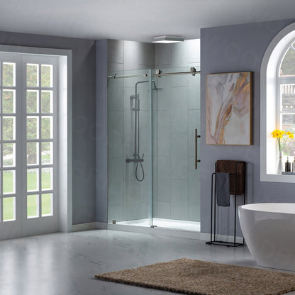 WoodBridge 60" W x 76" H Clear Tempered Glass Frameless Shower Door With Brushed Nickel Hardware Finish