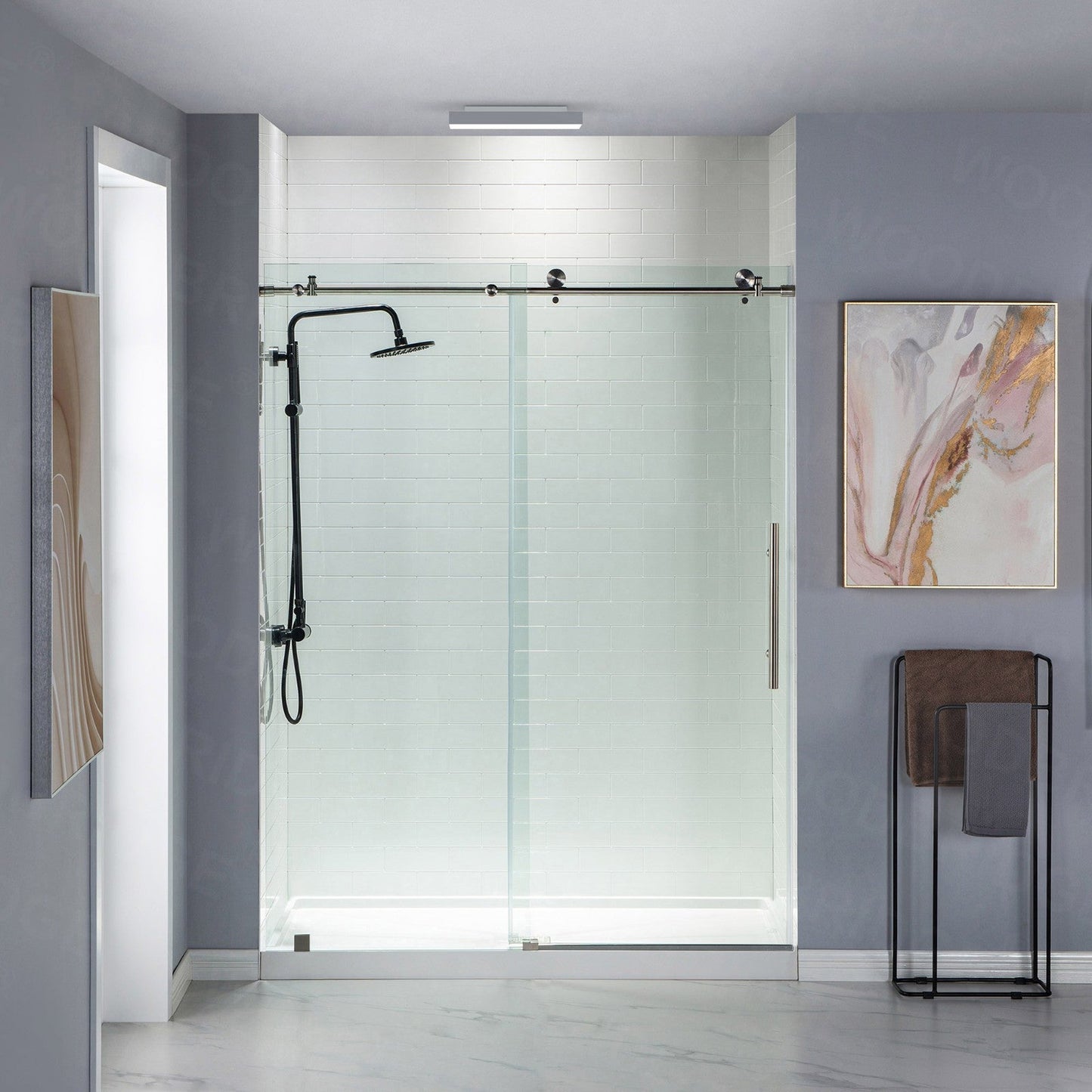 WoodBridge 60" W x 76" H Clear Tempered Glass Frameless Shower Door With Brushed Nickel Hardware Finish