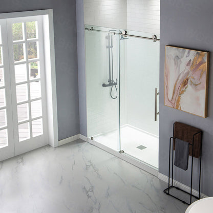 WoodBridge 60" W x 76" H Clear Tempered Glass Frameless Shower Door With Brushed Nickel Hardware Finish