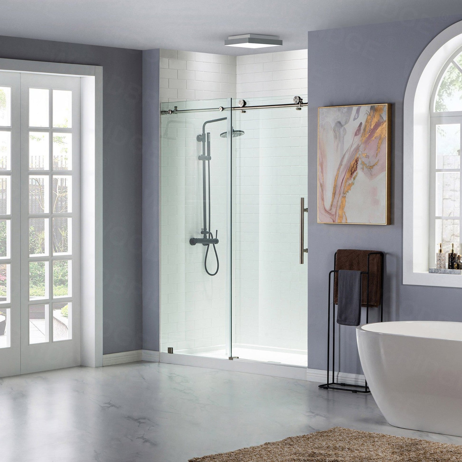 WoodBridge 60" W x 76" H Clear Tempered Glass Frameless Shower Door With Brushed Nickel Hardware Finish