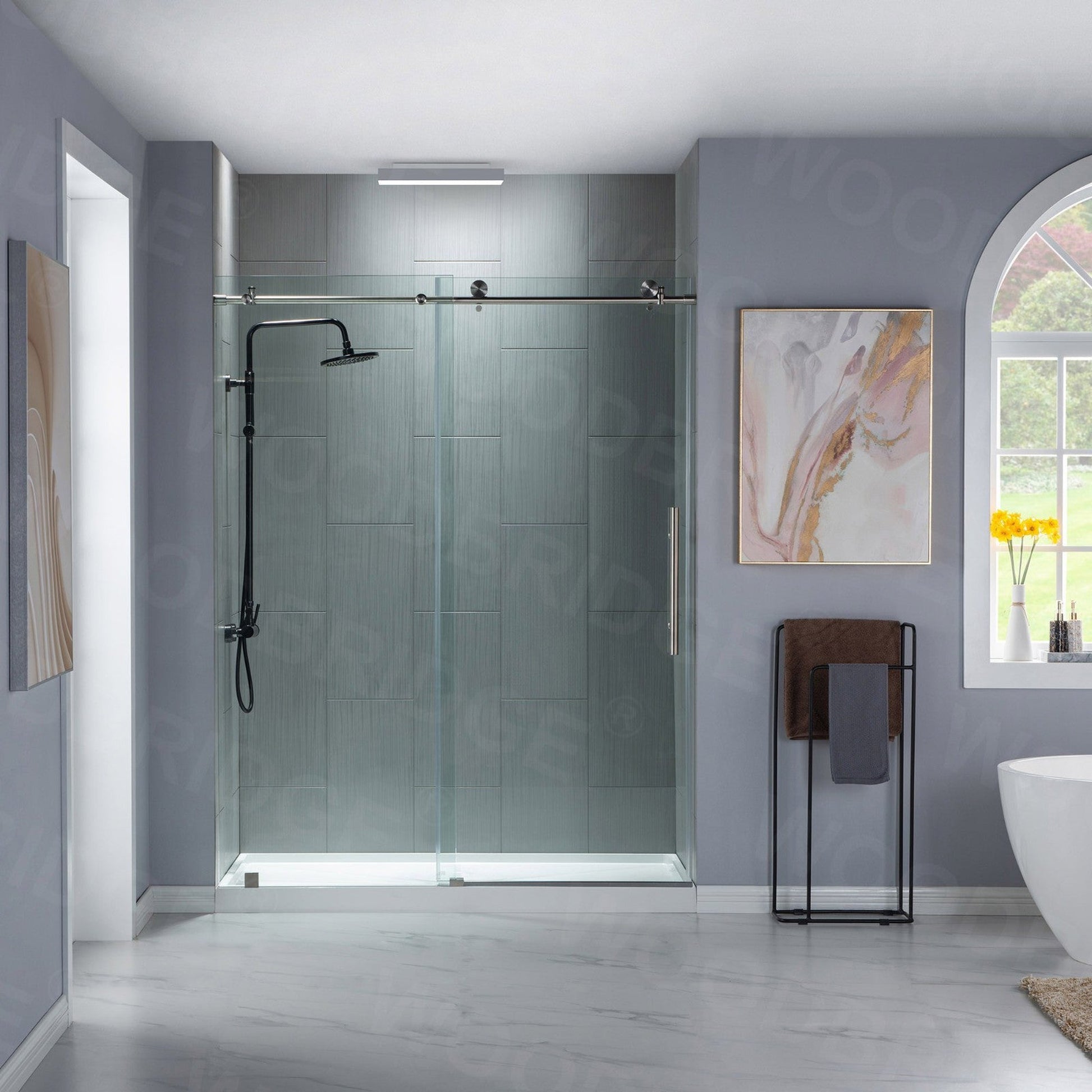 WoodBridge 60" W x 76" H Clear Tempered Glass Frameless Shower Door With Brushed Nickel Hardware Finish