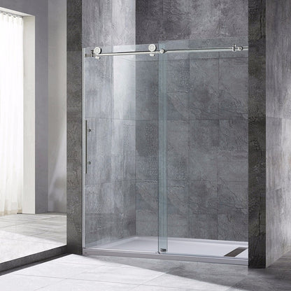 WoodBridge 60" W x 76" H Clear Tempered Glass Frameless Shower Door With Brushed Nickel Hardware Finish