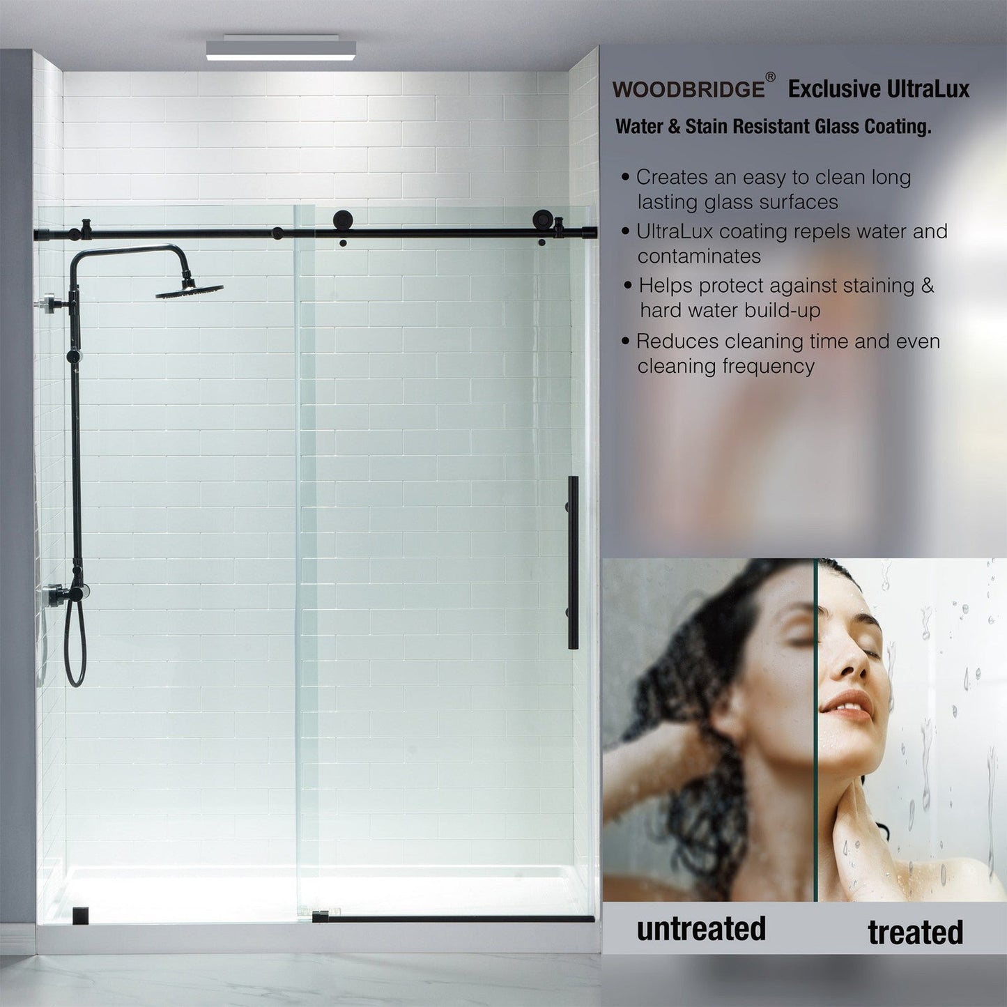 WoodBridge 60" W x 76" H Clear Tempered Glass Frameless Shower Door With Matte Black Hardware Finish