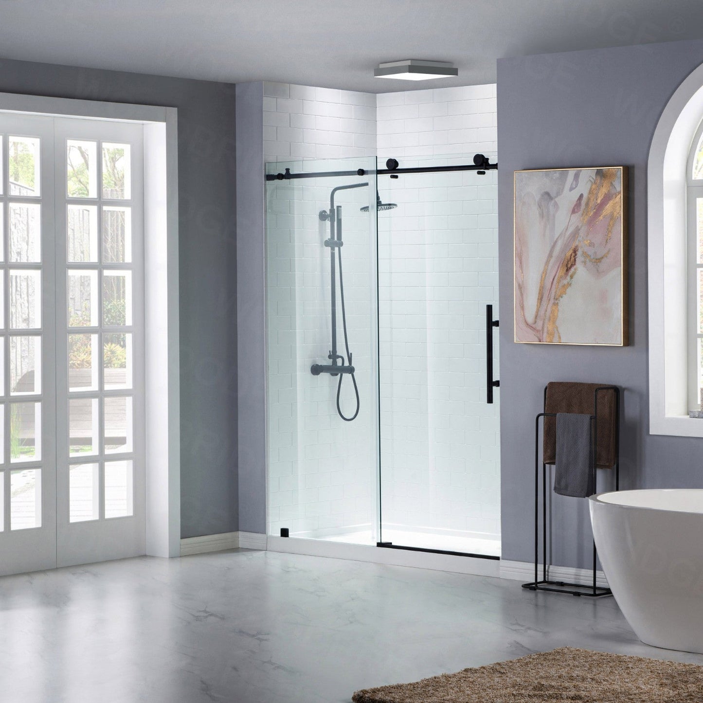 WoodBridge 60" W x 76" H Clear Tempered Glass Frameless Shower Door With Matte Black Hardware Finish