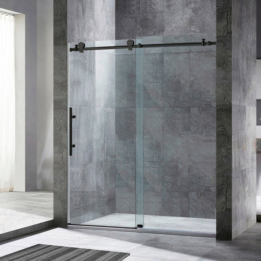 WoodBridge 60" W x 76" H Clear Tempered Glass Frameless Shower Door With Matte Black Hardware Finish