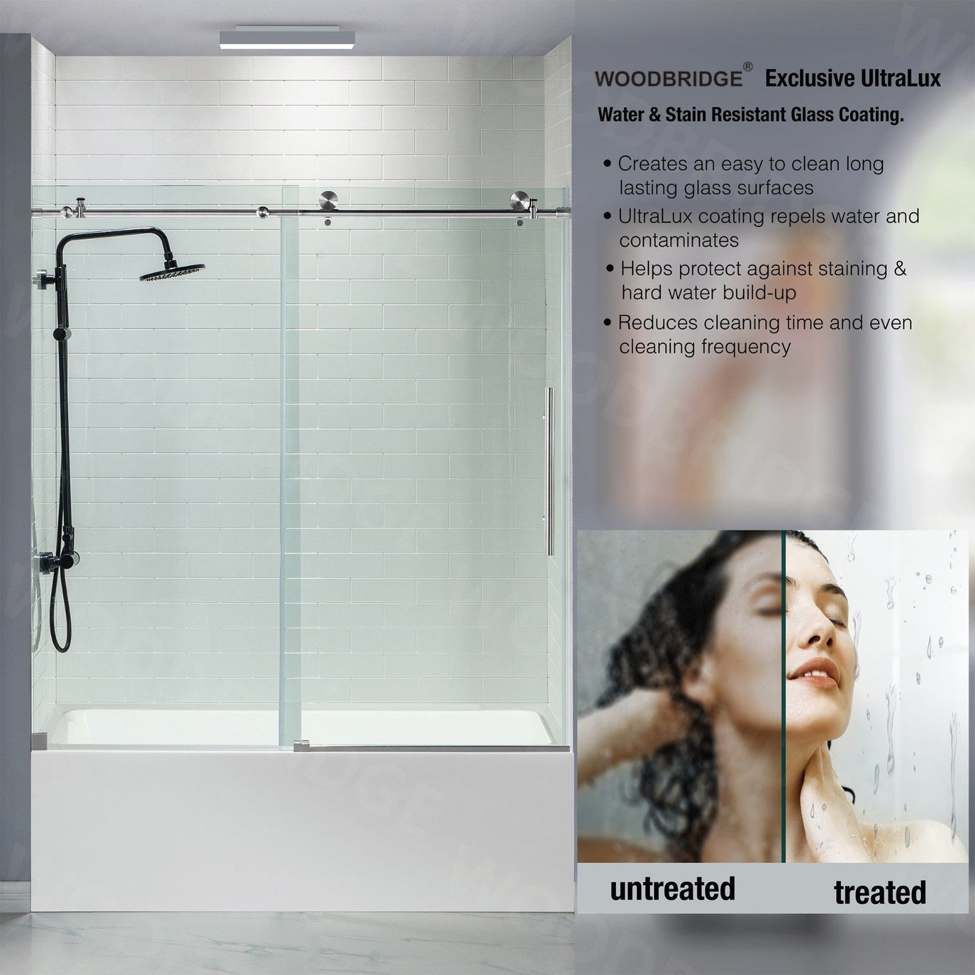 WoodBridge 60" W x 76" H Clear Tempered Glass Frameless Shower Door With Polished Chrome Hardware Finish